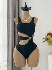 SHEIN Swim Women's Waist Hollow-Out Floral One-Piece - Black - View 7
