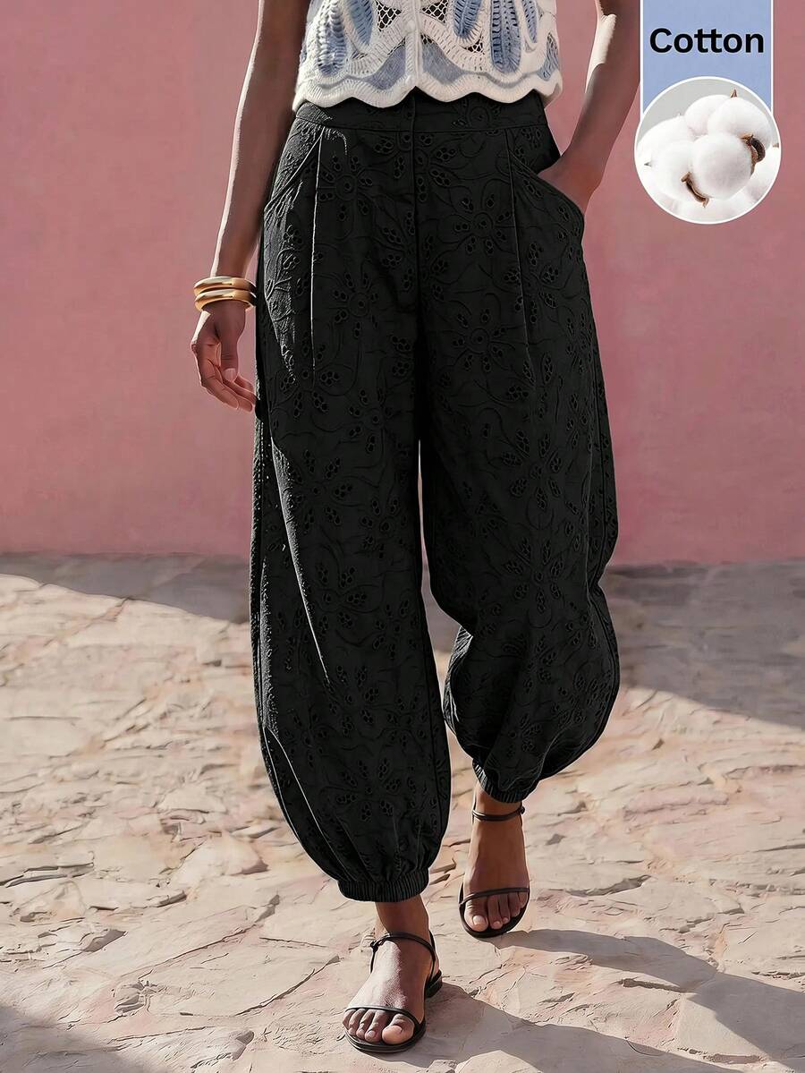 Maija Women's Solid Color Hollow Embroidery Cuffed Long Pants Suitable For Autumn Daily Wear Brunch Beach Vacation Black Boho Conservative Flowy