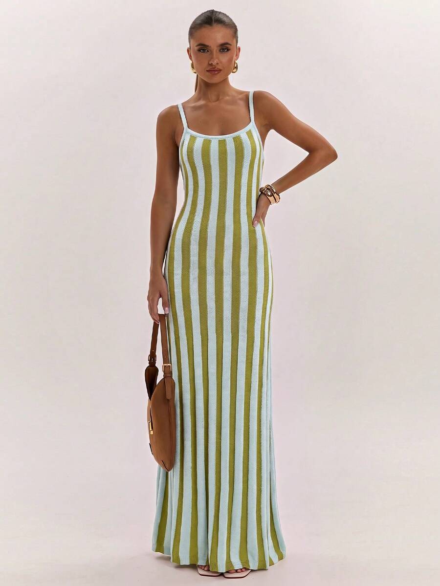 SHEIN BAE Rochie cami bodycon elastică pentru femei, stil matur, cu efect de lașiere, talie evazată, rochie de bază tricotată, versatilă pentru uz zilnic casual și navetă - Multicolor - Vizualizare 1