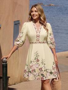 Vivid Eden Plus Size Women's Floral Print Petal Sleeve Elegant Traditional Vacation Dress, Boho Puff 3/4 Sleeve Sundress, Autumn Outfit, Fall Formal Brunch Pink - Beige - View 3