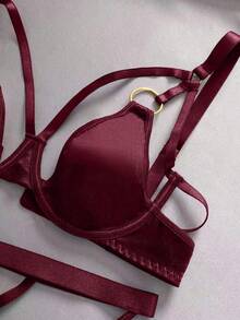 EmpressEnvy Women's Burgundy Shiny Elastic Satin Underwire Fashion Bra With Decorative Strap, Round Buckle, Triangle Cup Hook & Eye Closure, High Waist Thong 2pcs Set - Burgundy - View 4
