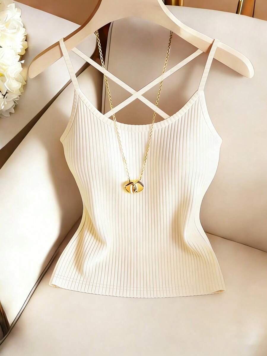 SHEIN Franclia 休闲优雅交叉露背罗纹针织背心,百搭修身无袖上衣,适合春、夏、秋、冬四季穿着。 - 彩色 - 查看 1