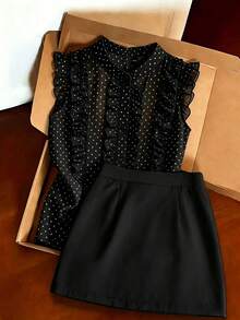 SHEIN Franclia Women's Polka Dot Pattern Ruffle Blouse And Skirt 2 Pieces Set - Black - View 6