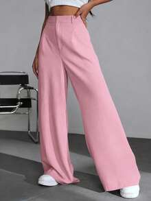 SHEIN EZwear 休閒百搭 100% 純棉粉色高腰寬腿褲，適合校園穿搭、全方位休閒穿著、派對與音樂節穿著、畢業季、開學季、度假季、都市上班穿著 - 粉色 - 查看 3