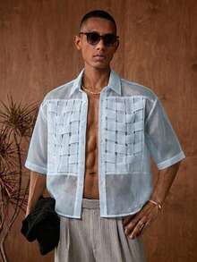 AKNOTIC Men's Single-Breasted Organza Woven Trim Short Sleeve Shirt - Baby Blue - View 9