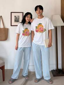 DAZY 男士夏季字母印花T恤與條紋長褲家居服睡衣套裝 - 彩色 - 查看 5