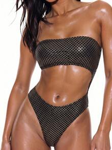 Oceva Women's All-Over Print Bandeau One-Piece Swimsuit, Suitable For Beach Vacation, Pool Party, Beach Party Black Summer Sexy - Black - View 5
