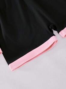 Teen Girls Long Sleeve Polo Pink Black Collar Romper,Back-To-School,Cute,Vacation, 1pc Only Spring - Black - View 6