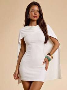 SHEIN BAE Vestido blanco básico minimalista sin mangas con cuello de chal ajustado para mujer, vestido blanco, vestido de invitada de boda para mujer, vestido de graduación, atuendo de oficina para mujer, vestido de cachemira - Blanco - Ver 5