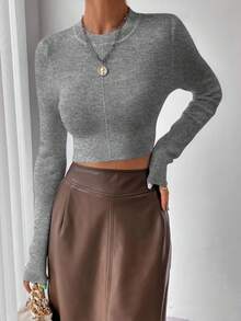 SHEIN Raffinéa Suéter de manga larga de cuello redondo de unicolor cómodo para el uso diario Y2K - Gris - Ver 5