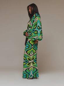 MUSERA Vestido Maxi de Gasa Estampado Verde con Escote Profundo Extremo, Talla Grande y Flecos, para Verano, Vacaciones, Ibiza y Festival - Multicolor - Ver 4
