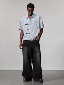 ROMWE MEN Jeans de corte holgado con patrón bordado para hombre - Negro - Ver 3