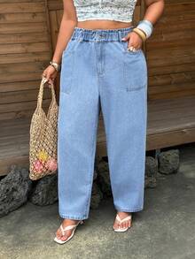 SHEIN Quần jean denim cạp chun co giãn phong cách thường ngày màu wash size lớn - Màu xanh lam - Xem 4