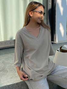 Livesso 女款寬鬆商務休閒純色極簡短袖T恤，適合辦公穿著，春/夏季 - 灰色 - 查看 1