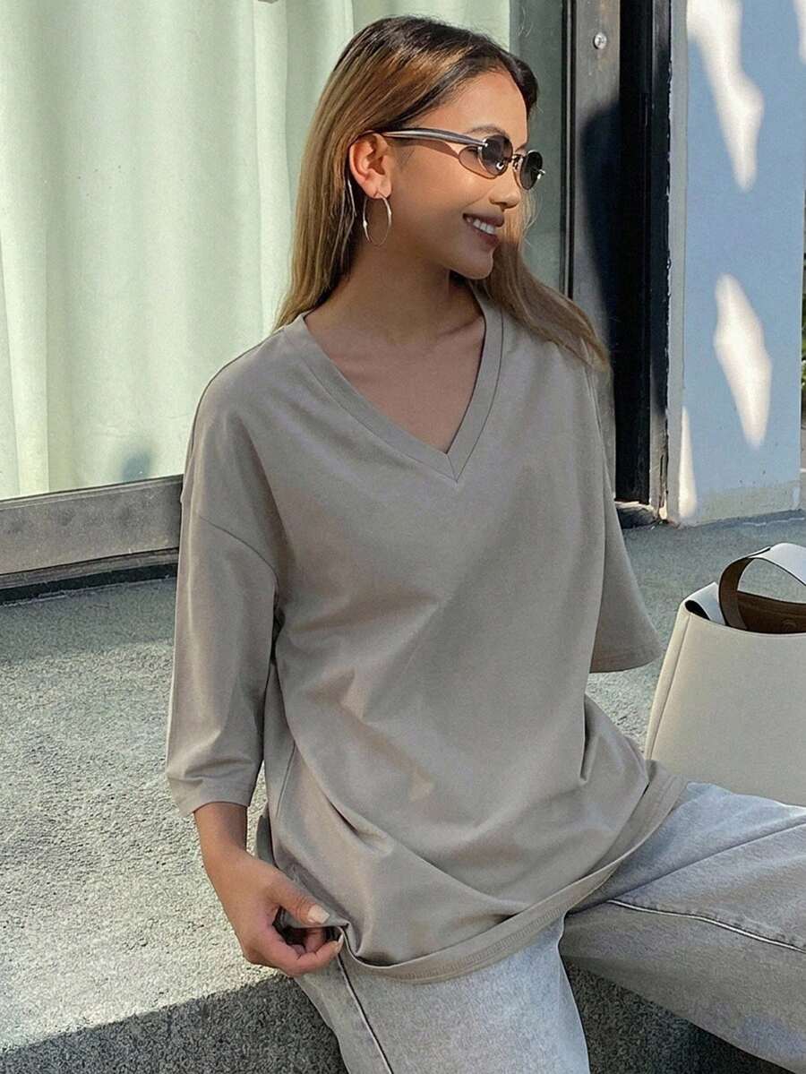 Livesso 女款寬鬆商務休閒純色極簡短袖T恤,適合辦公穿著,春/夏季 - 灰色 - 查看 1