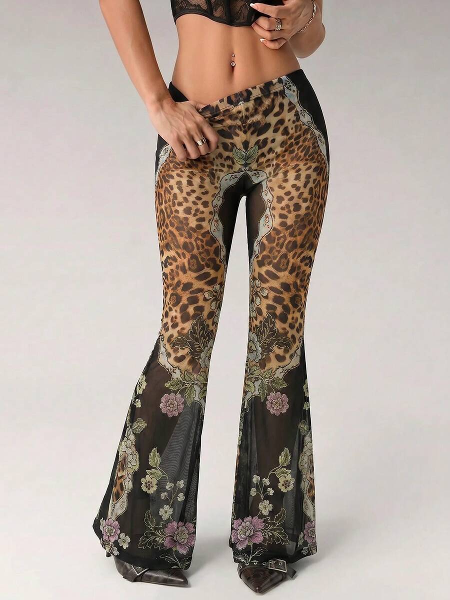 SHEIN ICON 女款時尚百搭豹紋與花卉印花喇叭褲 - 棕色 - 查看 1