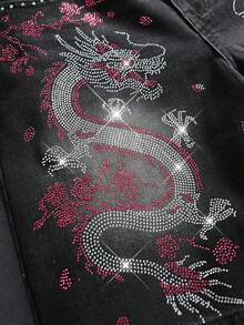 ROMWE MEN Street Life 男士休閒日常牛仔短褲，附口袋、鈕扣與花卉龍圖案 - 黑色 - 查看 7
