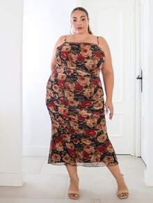Pretty and Ole Vestido Midi Talla Grande Vintage Años 70 con Estampado Floral de Pintura al Óleo, Fruncido, Ajuste Ceñido, Bajo de Sirena, Estilo Bustier y Corsé, para Citas, Verano y Fiesta - Multicolor - Ver 1