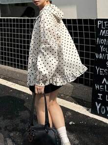 Dazy Plus Fashion Polka Dot Patchwork Frill Trim Hooded Casual Long Sleeve Spring/Autumn New Jacket For Girls Cute Tops - White - View 1