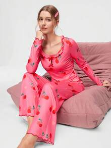 Bonmuse 2件套女士休闲樱桃印花荷叶边长袖方领家居服套装，秋季 - 玫紅色 - 查看 9