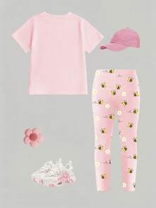 SHEIN 女嬰 2件/套休閒時尚百搭春夏嬰兒幼兒T恤套裝，可愛甜美粉色花卉上衣配小蜜蜂與花朵圖案，寬鬆圓領短袖T恤與粉色內搭褲2件套裝，適合休閒外出、返校與派對的春夏服裝套裝 - 彩色 - 查看 2
