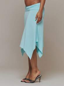 MUSERA Blue Slinky Ruched Front Draped Hanky Hem Midi Skirt - Blue - View 3