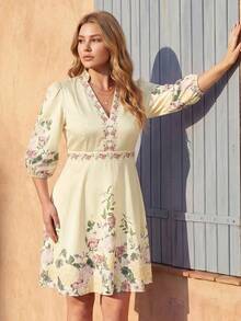 Vivid Eden Plus Size Women's Floral Print Petal Sleeve Elegant Traditional Vacation Dress, Boho Puff 3/4 Sleeve Sundress, Autumn Outfit, Fall Formal Brunch Pink - Beige - View 1