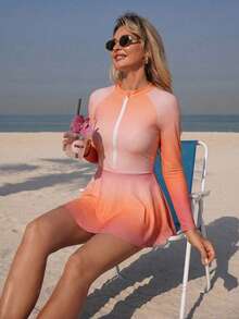 Swim Shayni 女士波西米亚风蓝白度假印花图案蓝色连体长袖泳衣 - 藕粉色 - 查看 6