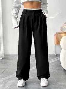 Elenzga Plus Size Contrast Color Waist Slant Pocket Casual Wide Leg Pants - Black - View 1