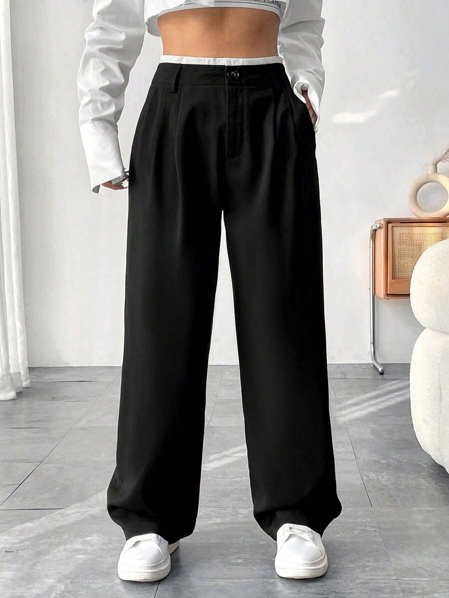 Elenzga Plus Size Contrast Color Waist Slant Pocket Casual Wide Leg Pants - Black - View 1