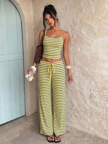 Aloruh Setelan Kasual Musim Panas/Semi Wanita Warna Kuning Minimalis Bergaris Motif Blok Warna untuk Liburan, Atasan Camisole dan Celana Panjang dengan Tali Pinggang, 2 Potong - Kuning - View 8