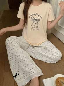 DAZY 女款蝴蝶結印花短袖上衣與波點印花長褲睡衣套裝 - 黃色 - 查看 3