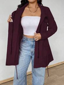 Ceyna Plus Size Women's Solid Color Pocket Casual Versatile Daily Long Sleeve Jacket Fall - Burgundy - View 6