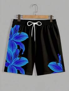 VIVINTIMO Pantalones cortos de playa con estampado floral y cintura con cordón para hombres, sin forro, para vacaciones - Azul - Ver 4