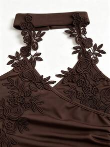 Elenzga Women's Dark Brown Halter Lace V-Neck Jumpsuit, Waist-Cinched Wide Leg Pants, Elegant Sexy Commute Evening Party Night Out Date Night Romper Summer - Brown - View 6