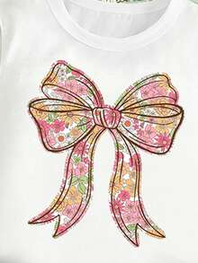 (Patrón Aleatorio, 2 Conjuntos Aleatorios) Conjunto de Camiseta Corta Básica y Pantalones Cortos con Patrón Creativo de Flores y Lazos para Niñas - Multicolor - Ver 4