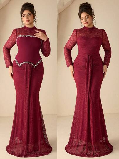 Coutiva Plus Size Women's Premium Evening Gown With Beaded Embellishments, Shiny Elegant Luxury Dress