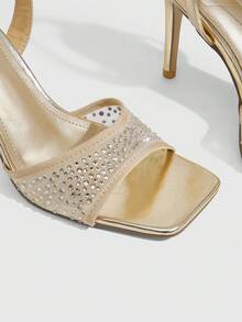 CUCCOO SZL Women's Gold Square Toe Rhinestone Heeled Sandals With Ankle Strap - Gold - View 5