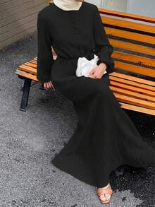 Solavon Women's Solid Color Long Sleeve Tie Decor Shirt And Skirt Two Pieces Set Tea Party Black Autumn Elegant Modest - Black - View 6