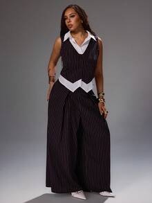 Rustia Plus Size 2 Pieces Set Casual Comfortable Vest Top And Long Pants Set, Spring Summer Autumn - Brown - View 3