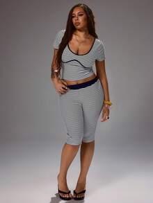 Rustia Damen Große Größen 2-teiliges Set, Strandurlaub minimalistisch lässig Street Sweet gestreift strukturiert Farbblock Kurzarm Top und 3/4 Hose, eleganter neuer Stil - Schwarz und Weiss - Übersicht 7