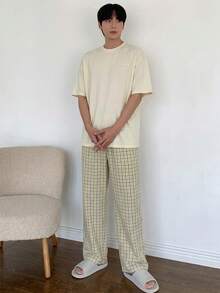 DAZY 夏季字母印花米色T恤與格紋長褲男士居家休閒套裝睡衣 - 彩色 - 查看 8