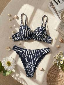 Swim Vcay Maillot de bain femme printemps/été à imprimé zébré, top à bretelles réglables avec nœud licou, dos lacé et bonnets rigides, assorti à un bikini triangle - Multicolore - Voir 5