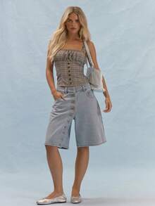 MUSERA Sleeveless Square Neck Corset Top Plaid Pattern Ruched Bust Button Detail Summer Casual Preppy Cute Everyday Girly Y2K Soft School Light Blue - Multicolor - View 5
