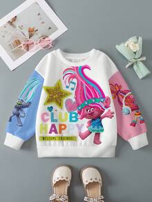 SHEIN Trolls Young Girl Casual Colorblock Cartoon Pattern Crew Neck Sweatshirt, Autumn - White - View 1