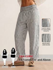 SHEIN Tall CURVE 大尺碼條紋拼接口袋彈性腰休閒長褲 - 黑與白 - 查看 1