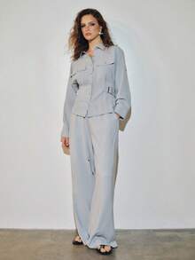 MOTF PREMIUM URBAN MINIMALIST CASUAL ELASTIC WAIST LOOSE WIDE LEG LONG PANTS SPRING SUMMER - Blue - View 3