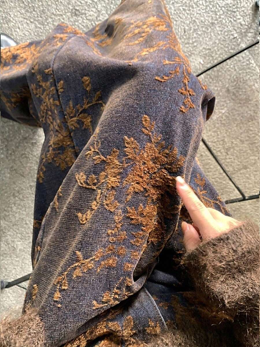 Dazy Plus 女款大碼韓系優雅街頭風全花卉印花重裝飾植絨寬腿牛仔褲,四季可愛上衣度假風 - 棕色 - 查看 1