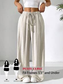 SHEIN PETITE CURVE 大尺碼小個子米色條紋秋季亞麻長褲，波希米亞優雅休閒度假風，舒適透氣復古Y2K，四季秋季款 - 杏色 - 查看 6