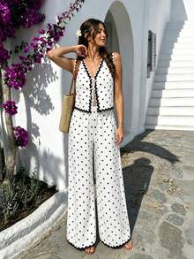 Cévolie Women's Lace Contrast White And Black Polka Dot Casual European Italian Tropical Sexy Boho Sleeveless Tank Top Wide-Leg Pants Beach Summer - Black and White - View 2